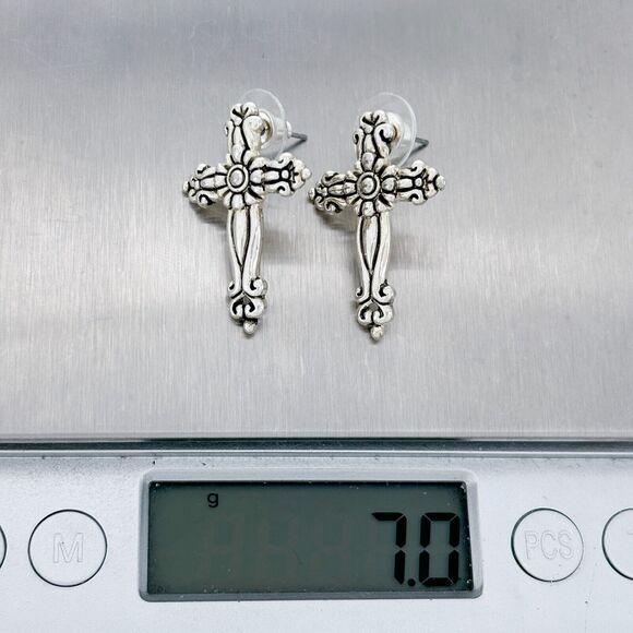 Vintage MJ Silver Tone Cross Design Pierced Earrings - Picture 5 of 5